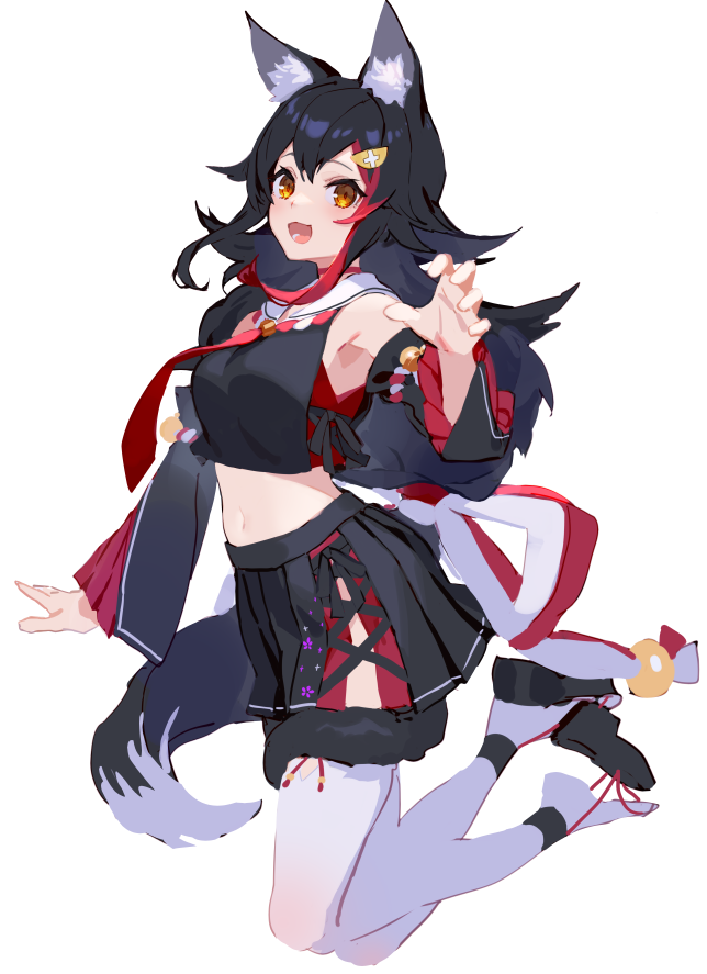 1girl :d animal_ears armpits bare_shoulders black_hair black_shirt black_skirt breasts choker crop_top detached_sleeves hair_ornament hololive izumi_sai legs_up long_hair long_sleeves looking_at_viewer medium_breasts midriff miniskirt multicolored_hair navel ookami_mio open_mouth orange_eyes platform_footwear pleated_skirt sailor_collar shirt side_slit simple_background skirt smile solo streaked_hair tail thigh-highs virtual_youtuber white_background white_legwear wolf_ears wolf_girl wolf_tail zouri