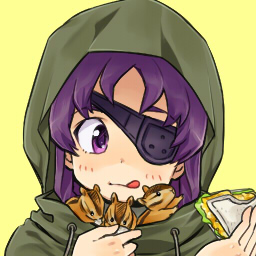 1girl :d eating eyepatch food lowres mirai_nikki ndo2 one-eyed open_mouth purple_hair sandwich smile solo squirrel uryuu_minene violet_eyes