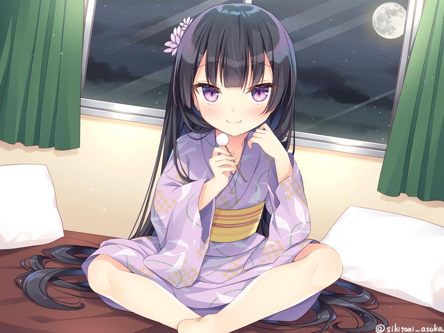 1girl bangs barefoot black_hair blush closed_mouth commentary_request curtains eyebrows_visible_through_hair feet_out_of_frame flower full_moon hair_flower hair_ornament indoors japanese_clothes kimono long_hair long_sleeves mimikaki moon obi original pillow pink_flower purple_kimono sash shikitani_asuka sitting smile solo twitter_username very_long_hair violet_eyes wide_sleeves window