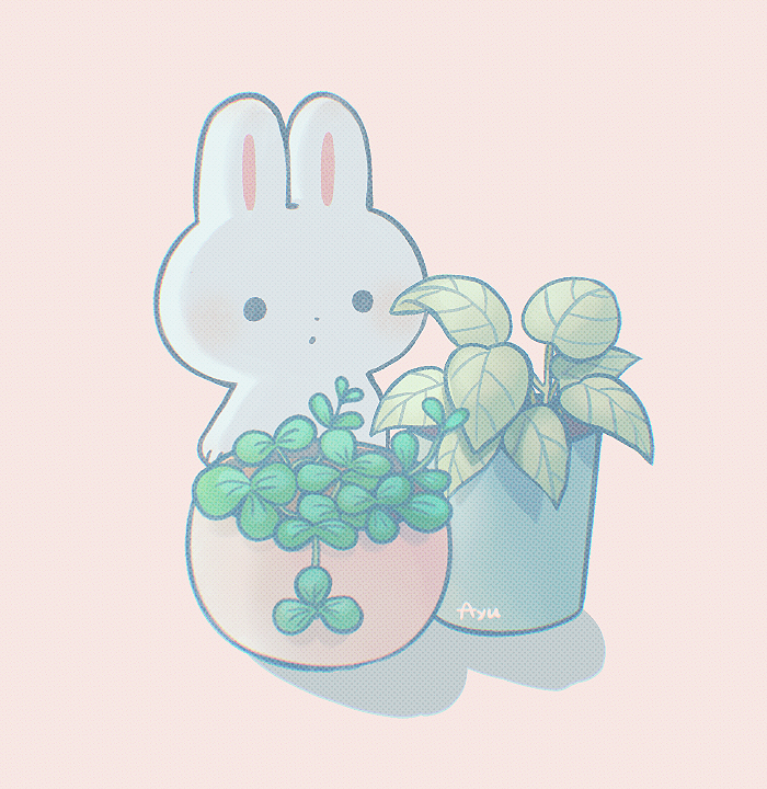 ayu_(mog) blush halftone leaf looking_at_viewer original parted_lips pink_background plant potted_plant rabbit signature simple_background