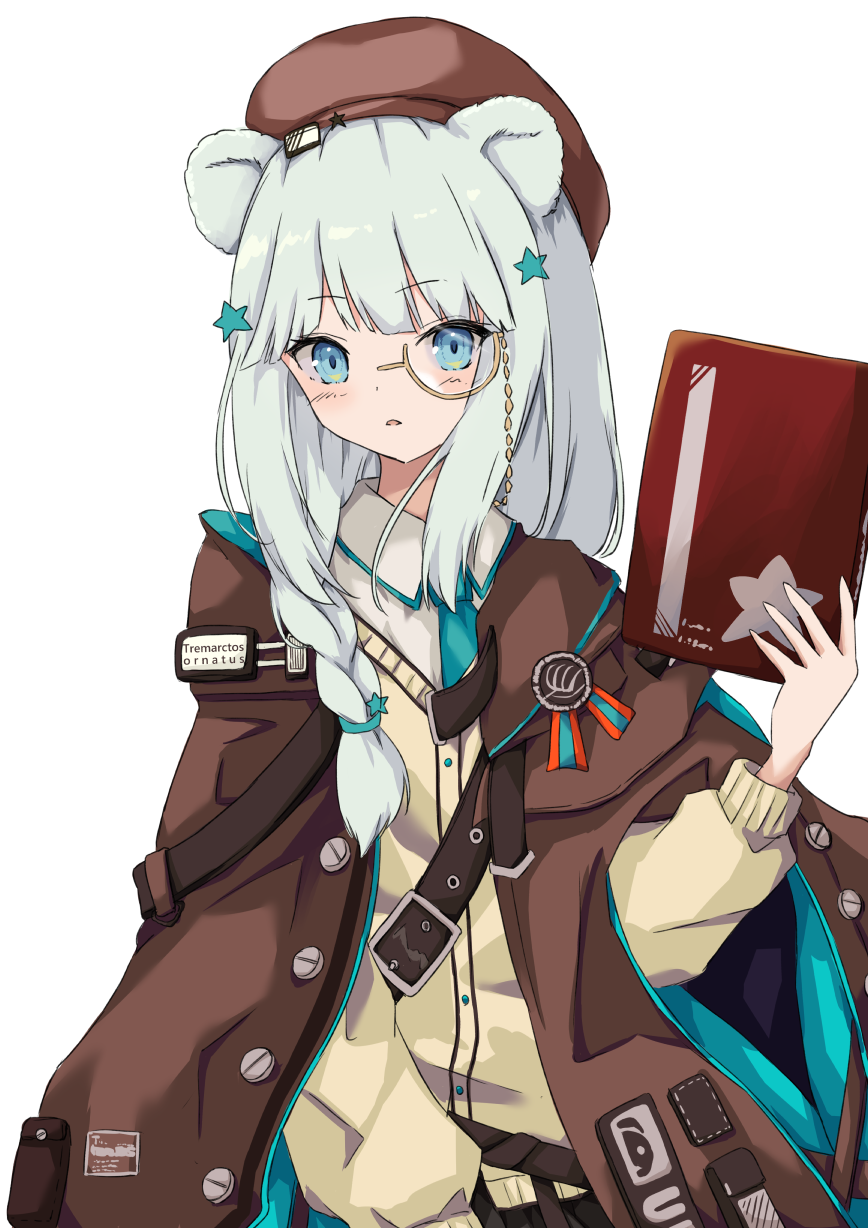 1girl animal_ears arknights bangs bear_ears beret blue_eyes blue_neckwear blush book braid brown_cape brown_headwear cape cardigan commentary_request eyebrows_visible_through_hair hair_ornament hand_up hat hayashi_maka highres holding holding_book istina_(arknights) long_hair long_sleeves looking_at_viewer monocle necktie parted_lips partial_commentary silver_hair simple_background single_braid solo star_(symbol) star_hair_ornament upper_body white_background