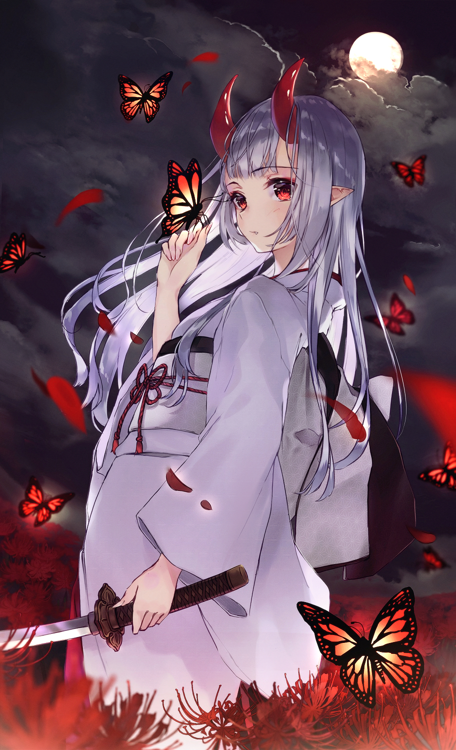 1girl butterfly_on_hand clouds cloudy_sky commentary_request feet_out_of_frame field flower flower_field from_side full_moon highres holding holding_sword holding_weapon horns japanese_clothes katana kimono kusaka_kou long_hair long_sleeves looking_at_viewer looking_to_the_side moon night obi oni_horns original outdoors parted_lips petals pointy_ears red_eyes red_flower red_ribbon ribbon sash silver_hair sky solo spider_lily standing sword tassel weapon white_kimono wide_sleeves