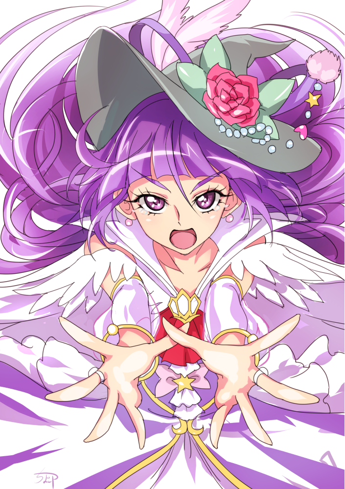 1girl bangs chocokin collarbone cure_magical detached_sleeves earrings floating_hair flower grey_headwear hair_flower hair_ornament hat jewelry long_hair long_sleeves looking_at_viewer mahou_girls_precure! open_mouth pink_flower pink_rose precure purple_hair rose shiny shiny_hair solo star_(symbol) v-shaped_eyebrows very_long_hair violet_eyes white_background white_sleeves witch_hat