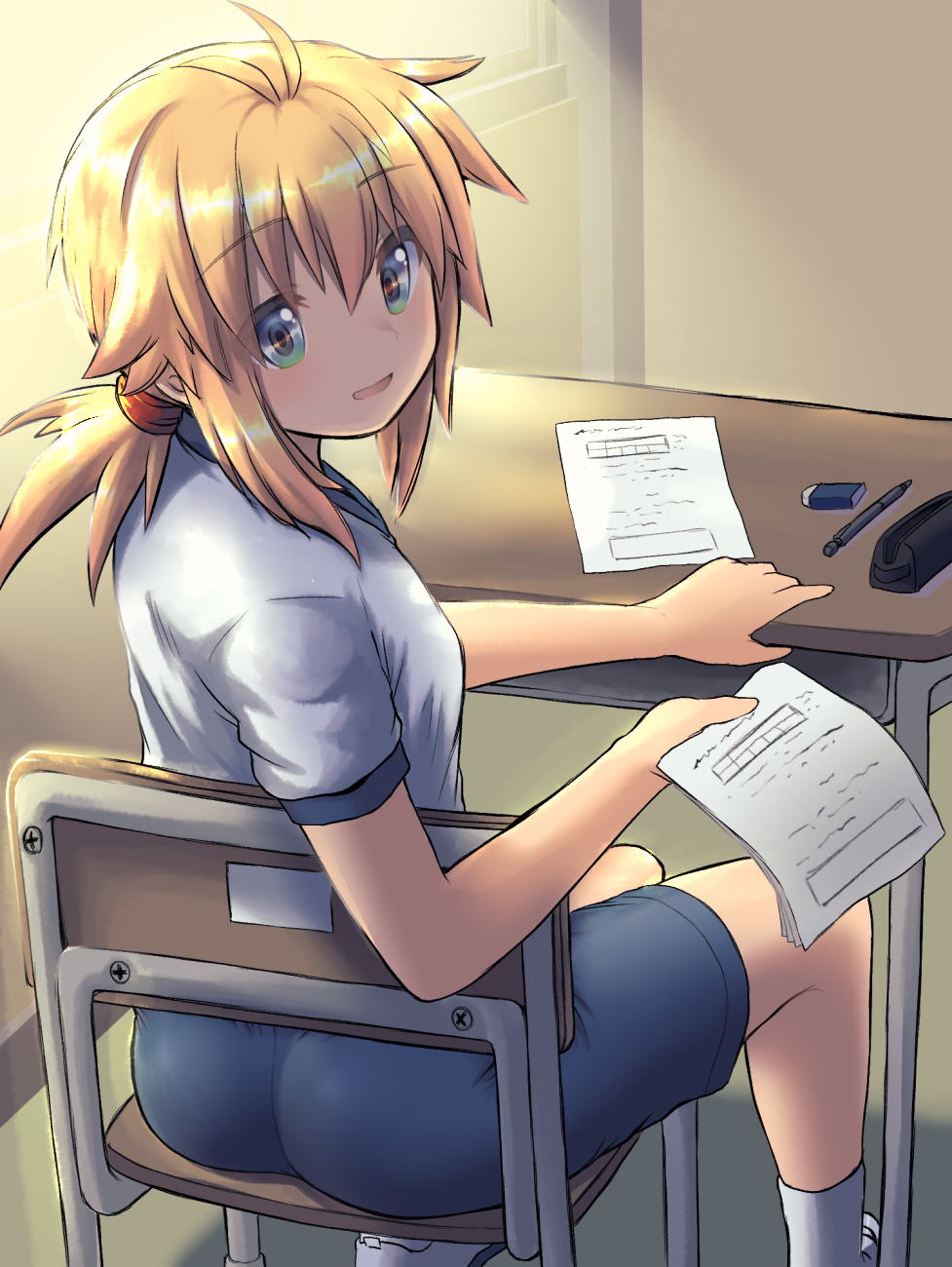 ahoge antenna_hair ass blush breasts chair desk eraser gym_shorts gym_uniform highres koshirae_tsurugi light_blush m.m mechanical_pencil original pencil ponytail school school_desk shorts small_breasts smile window