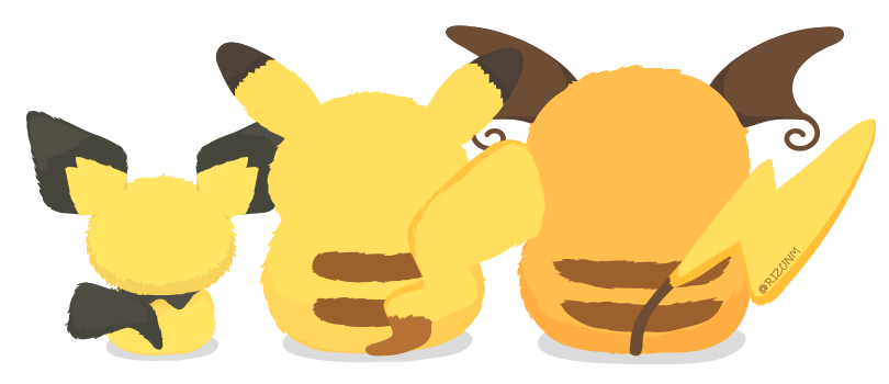 commentary facing_away from_behind gen_1_pokemon gen_2_pokemon no_humans pichu pikachu pokemon pokemon_(creature) raichu rizu_(rizunm) side-by-side simple_background standing twitter_username white_background