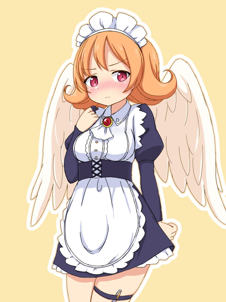 1girl angel_wings apron ascot blush brooch closed_mouth cowboy_shot dot_nose dress feathered_wings hand_up ishuzoku_reviewers jewelry juliet_sleeves kixyuresu long_sleeves looking_at_viewer maid maid_apron maid_headdress medium_hair meidri nose_blush orange_hair outline pen puffy_sleeves purple_dress red_eyes simple_background solo thigh_strap waist_apron white_neckwear white_outline white_wings wings yellow_background