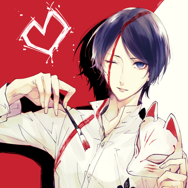 1boy bangs blue_eyes blue_hair facepaint fox_mask heart holding holding_mask kitagawa_yuusuke long_sleeves male_focus mask one_eye_closed paintbrush parted_lips persona persona_5 shirt simple_background solo two-tone_background upper_body white_shirt yuu_(isis7796)