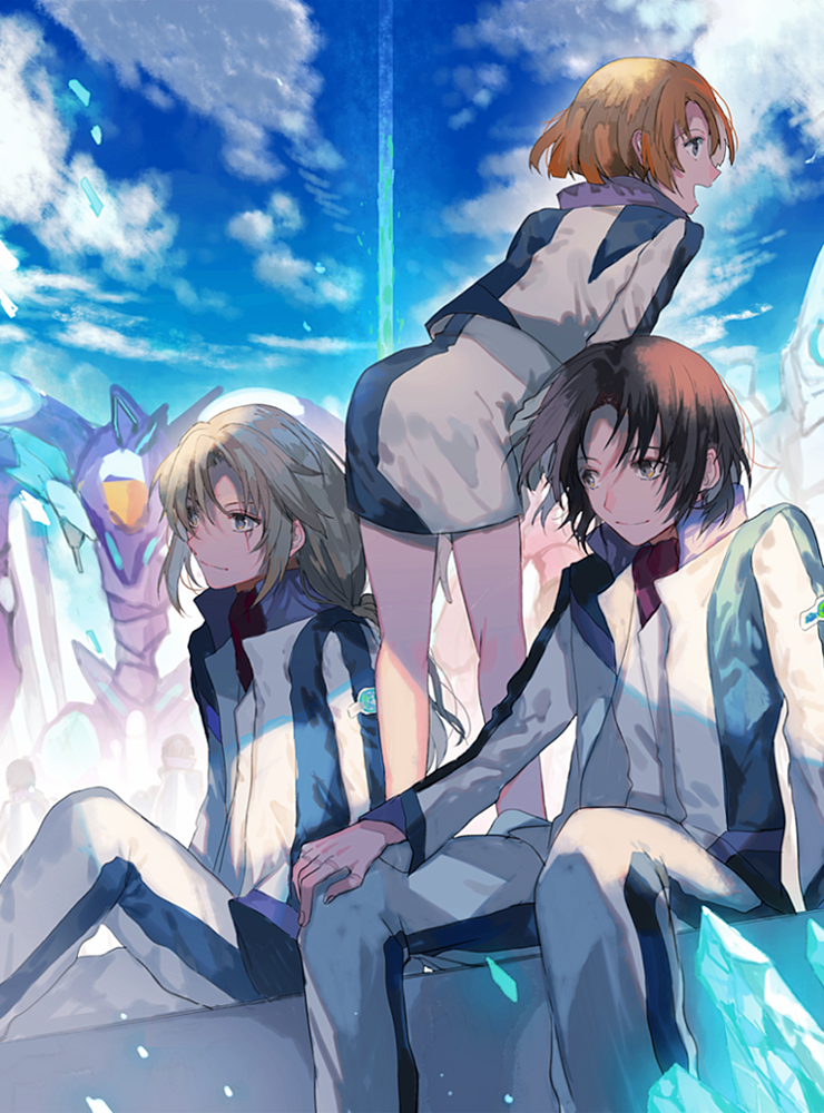 blue_eyes blue_sky brown_eyes brown_hair clouds hatutaro leaning_forward makabe_kazuki mecha minashiro_soushi outdoors sitting sky soukyuu_no_fafner toomi_maya uniform