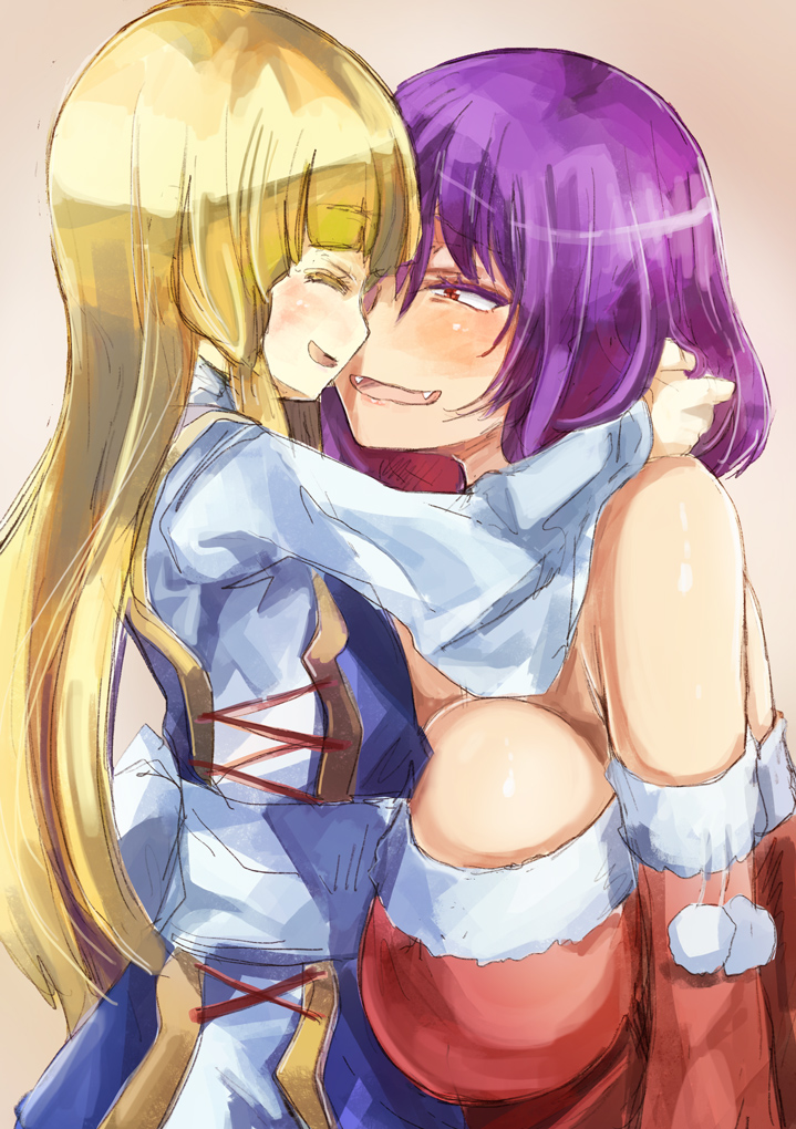 2girls arms_around_neck blonde_hair blush breasts closed_eyes colored_eyelashes fang large_breasts long_hair medium_hair moriya_suwako multiple_girls open_mouth purple_hair size_difference touhou wavy_hair yasaka_kanako yohane yuri