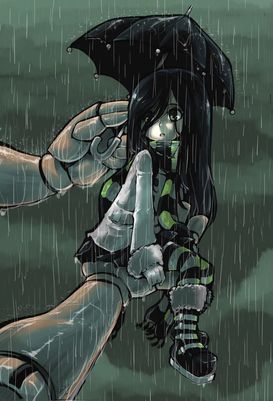 1girl 1other aria_wintermint arm_support artist_name bangs belt black_footwear black_hair black_skirt black_umbrella boots buttons character_request clouds cloudy_sky coat commentary dated dated_commentary eyes_visible_through_hair fur-trimmed_boots fur_trim giant gloves green_eyes green_legwear green_scarf grey_sky hair_over_eyes highres holding holding_umbrella in_palm long_hair miniskirt official_art open_mouth out_of_frame overcast pale_skin parororo parted_bangs pleated_skirt rain raincoat scarf signature sitting skirt sky solo_focus striped striped_legwear striped_scarf symbol_commentary the_crawling_city thigh-highs umbrella very_long_hair water_drop wet wet_clothes wet_hair white_belt white_coat zettai_ryouiki