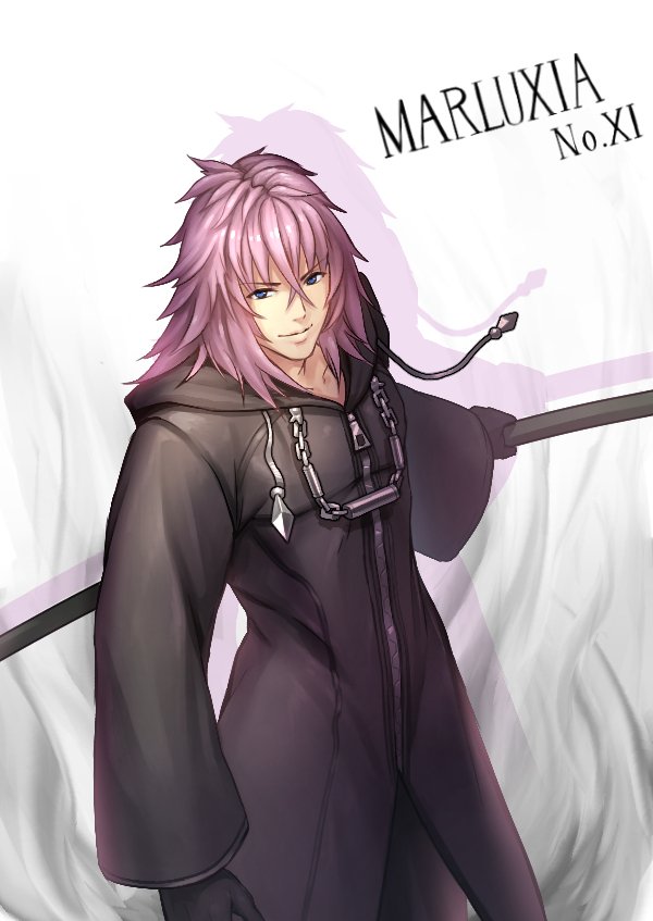 1boy black_coat_(kingdom_hearts) cloak closed_mouth gloves gogo_(detteiu_de) kingdom_hearts kingdom_hearts_chain_of_memories looking_at_viewer male_focus marluxia organization_xiii solo weapon white_background