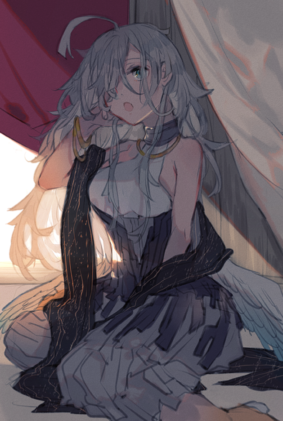 1girl :o black_scarf bracelet feathered_wings grey_hair hair_over_one_eye hand_up hatutaro iana_(pixiv_fantasia_age_of_starlight) indoors jewelry long_hair pixiv_fantasia pixiv_fantasia_age_of_starlight scarf sitting solo tent white_wings wings