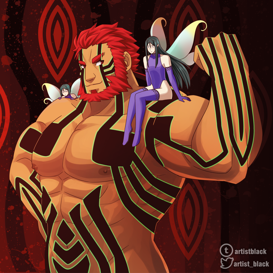 3boys abs artist_black bara bare_chest bare_shoulders beard biceps chest clothing_cutout crossover facial_hair fairy fairy_wings fate/grand_order fate/zero fate_(series) flexing giant_male iskandar_(fate) lord_el-melloi_ii male_focus multiple_boys muscle navel nipples pose red_eyes redhead shin_megami_tensei_iii:_nocturne short_hair thigh-highs thigh_cutout waver_velvet wings