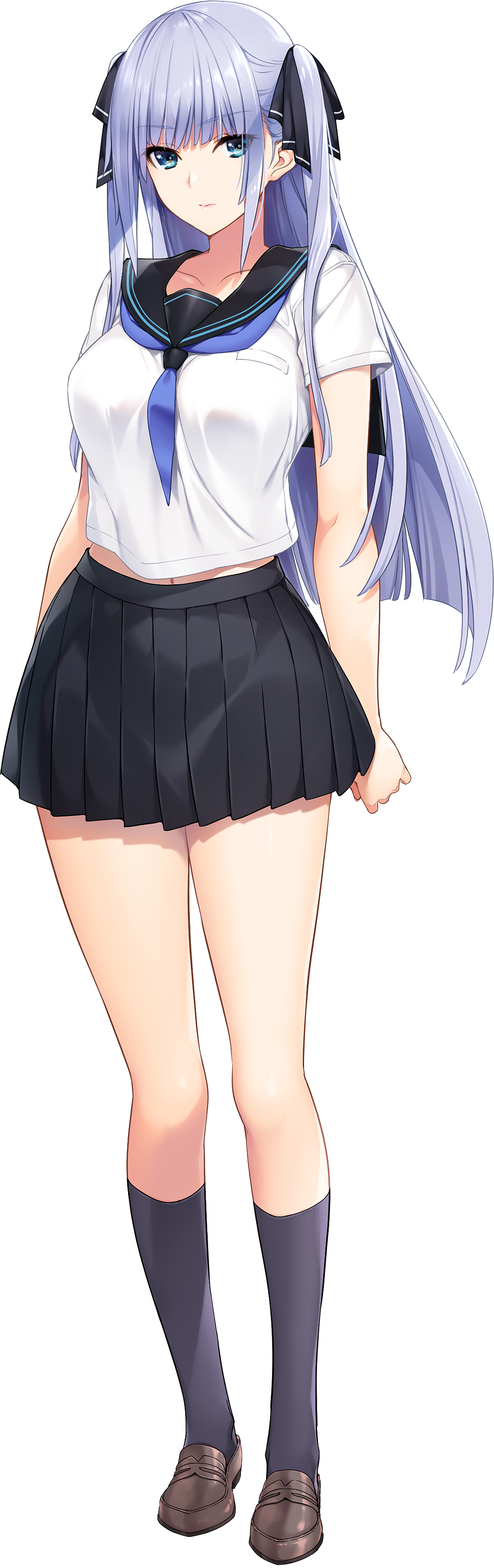 1girl 3: absurdres arms_at_sides bangs black_legwear blue_eyes breasts closed_mouth eyebrows_visible_through_hair full_body game_cg hair_ribbon highres iizuki_tasuku kneehighs large_breasts light_purple_hair loafers long_hair looking_at_viewer midriff navel non-web_source pleated_skirt ribbon school_uniform serafuku shoes sidelocks simple_background skirt solo standing suiren_to_shion tachi-e transparent_background two_side_up wakami_shion