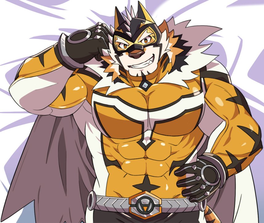 1boy animal_ears bara bed_sheet beige_fur bodysuit bulge cape chest covered_abs covered_navel facial_hair furry goatee grau39 hand_on_hip live_a_hero male_focus medium_hair muscle orange_bodysuit orange_eyes orange_fur ryekie_(live_a_hero) solo tiger_boy tiger_ears two-tone_fur upper_body white_cape