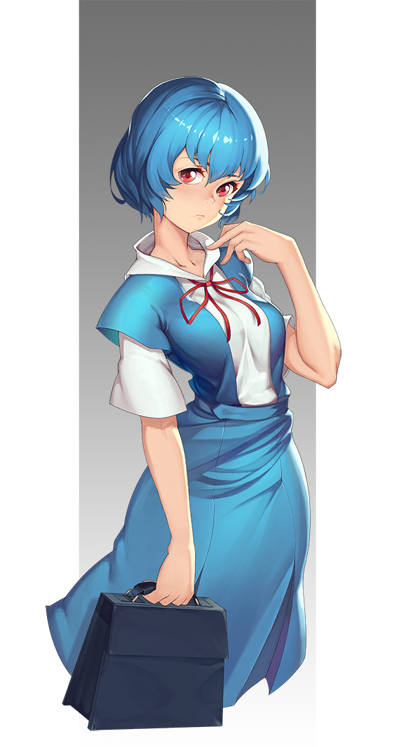 1girl ayanami_rei blue_hair cowboy_shot dmitriy_samarkin holding neon_genesis_evangelion red_eyes red_neckwear red_ribbon ribbon school_uniform short_hair short_sleeves solo uniform