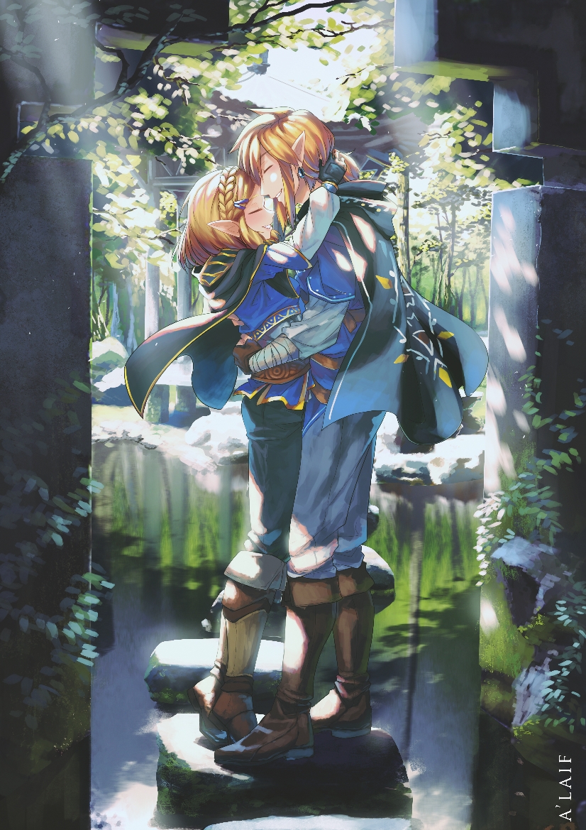 1boy 1girl blonde_hair blue_shirt boots cape closed_eyes couple earrings fingerless_gloves forest gloves hug jewelry light_rays link nature pointy_ears pond princess_zelda shirt smile sunbeam sunlight the_legend_of_zelda the_legend_of_zelda:_breath_of_the_wild user_zzsz7482