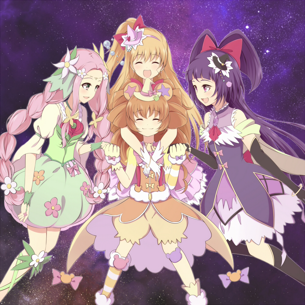 4girls :d asymmetrical_legwear bangs black_gloves black_headwear black_legwear blonde_hair blue_skirt blunt_bangs bow bracelet braid brown_hair bubble_skirt closed_eyes cure_felice cure_magical cure_miracle cure_mofurun elbow_gloves eyebrows_visible_through_hair facing_viewer floating_hair flower gloves green_ribbon hair_between_eyes hair_bow hair_flower hair_ornament hairband hat holding_hands hug hug_from_behind jewelry kneehighs leg_ribbon long_hair mahou_girls_precure! mini_hat multiple_girls naoto_(96neko96) open_mouth pink_hair pink_hairband pink_headwear precure purple_hair purple_skirt purple_sky red_bow red_eyes ribbon shiny shiny_hair shorts side_ponytail single_kneehigh skirt sky smile star_(sky) starry_sky striped striped_legwear twin_braids twintails two-tone_skirt very_long_hair white_flower white_gloves white_skirt witch_hat wrist_cuffs yellow_headwear yellow_shorts