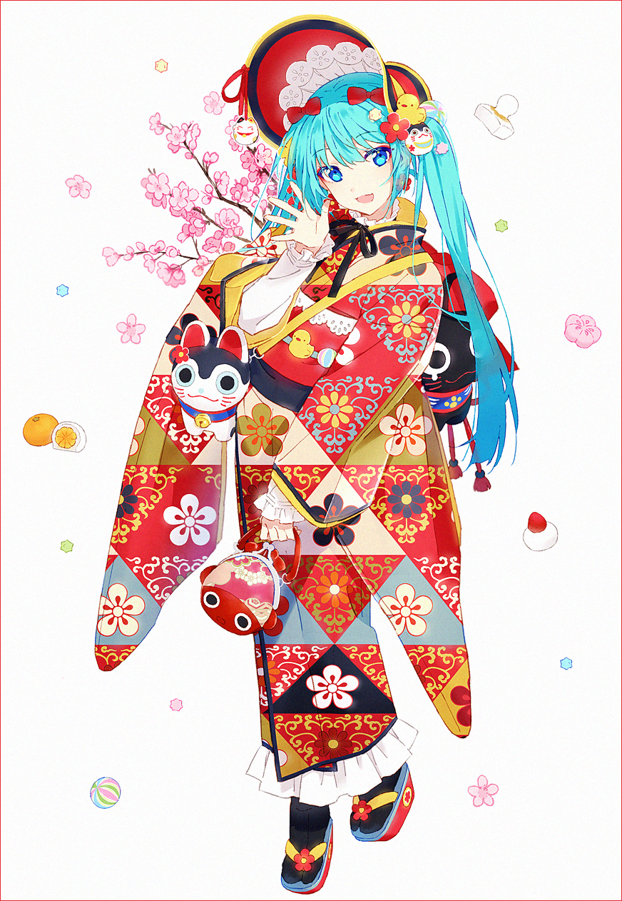 1girl :d aqua_hair bangs black_legwear blue_eyes blue_hair blush bonnet branch eyebrows_visible_through_hair floral_print flower frilled_kimono frilled_sleeves frills full_body gradient_hair hair_between_eyes hakusai_(tiahszld) hand_up hatsune_miku highres japanese_clothes kimono long_hair long_sleeves multicolored_hair open_mouth pink_flower platform_footwear print_kimono red_footwear red_headwear shirt sleeves_past_wrists smile socks solo tabi twintails vocaloid white_background white_shirt wide_sleeves