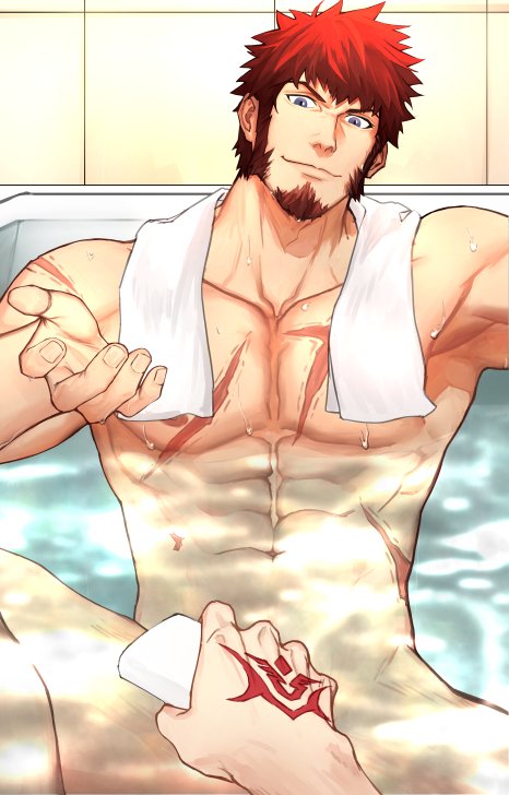 1boy 1other abs alternate_hairstyle bara bath bathing blue_eyes brown_hair chest chest_scar command_spell convenient_censoring facial_hair fate/grand_order fate_(series) goatee male_focus messy_hair muscle napoleon_bonaparte_(fate/grand_order) navel nipples nude rinnnnake scar shared_bathing short_hair sideburns solo_focus thighs towel towel_around_neck wet