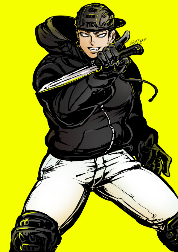 1boy aikawa_(dorohedoro) backwards_hat bara black_eyes black_gloves black_hair black_hoodie chest climaxmukr dorohedoro feet_out_of_frame fighting_stance gloves hat male_focus muscle pants short_hair sideburns smile solo spread_legs thick_thighs thighs tight tight_pants white_pants yellow_background