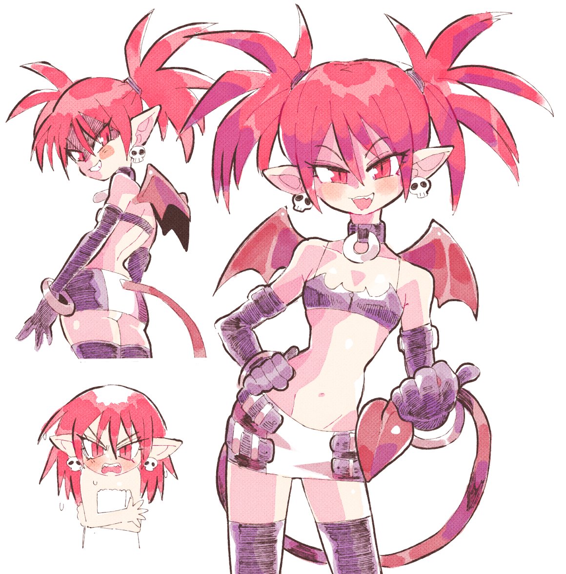 1girl :3 ass back bandeau bangle bat_wings belt black_bandeau black_gloves black_legwear blush blush_stickers bracelet character_sheet choker commentary crossed_arms demon_girl disgaea earrings elbow_gloves embarrassed etna eyebrows_visible_through_hair eyes_visible_through_hair flat_chest gloves groin hair_between_eyes hair_tie hand_on_hip holding_own_tail inkerton-kun jewelry looking_back microskirt midriff mini_wings multiple_views naked_towel naughty_face navel open_mouth pencil_skirt pointy_ears red_eyes redhead shaded_face sharp_teeth shoulder_blades simple_background skirt skull_earrings slit_pupils smile tail teeth thigh-highs tongue tongue_out towel twintails wet white_background wings zettai_ryouiki