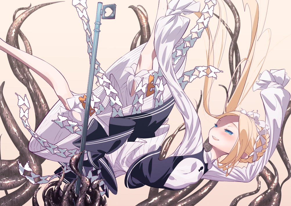 1girl abigail_williams_(fate/grand_order) arms_up beige_background black_skirt black_vest blonde_hair bloomers blue_eyes blush bow braid breasts cluseller commentary_request falling fate/grand_order fate_(series) forehead french_braid hair_bow half-closed_eyes happy heart key keyhole layered_skirt long_hair long_sleeves looking_up open_mouth orange_bow oversized_object shirt sidelocks skirt sleeves_past_fingers sleeves_past_wrists small_breasts smile solo spread_legs teeth tentacles tied_hair underwear vest white_bloomers white_bow white_shirt
