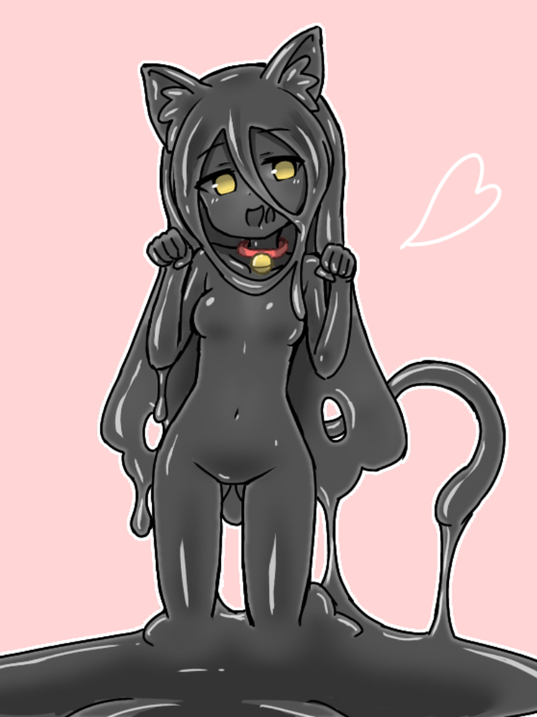 1girl :d animal_ears ass_visible_through_thighs belt_collar black_hair black_skin black_slime cat_ears cat_tail collar grey_sclera head_tilt heart kixyuresu long_hair looking_at_viewer monster_girl navel neck_bell open_mouth original paw_pose pink_background simple_background slime slime_girl smile solo tail very_long_hair yellow_eyes