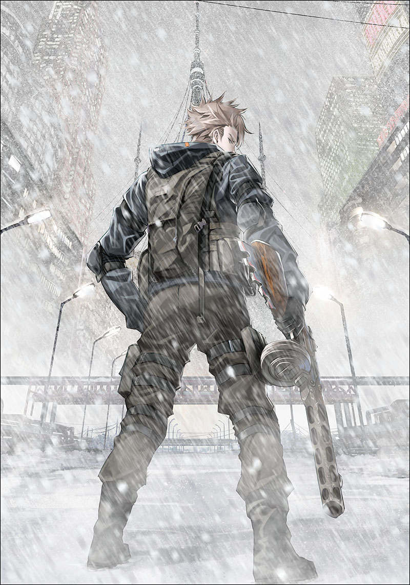 1boy black_gloves boots brown_pants bulletproof_vest city danila_kuragin elbow_pads full_body gloves gun holding holding_gun holding_weapon hood hood_down hooded_jacket jacket kannatsuki_noboru light_brown_hair looking_at_viewer male_focus military_operator moscow_2160 official_art outdoors pants ppsh-41 second-party_source snowing solo spiky_hair submachine_gun thigh_pouch weapon