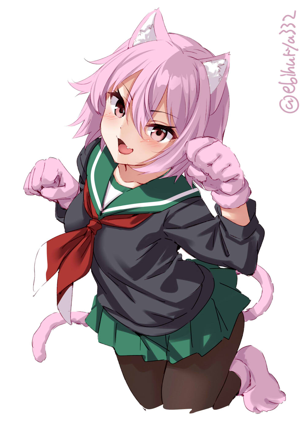 1girl animal_ears black_legwear cardigan cat_ears cat_girl cat_tail ebifurya green_skirt highres kantai_collection long_sleeves looking_at_viewer neckerchief open_mouth pantyhose paw_pose pink_hair pleated_skirt red_eyes sailor_collar sailor_shirt school_uniform serafuku shirt short_hair simple_background skirt solo tail tama_(kantai_collection) white_background