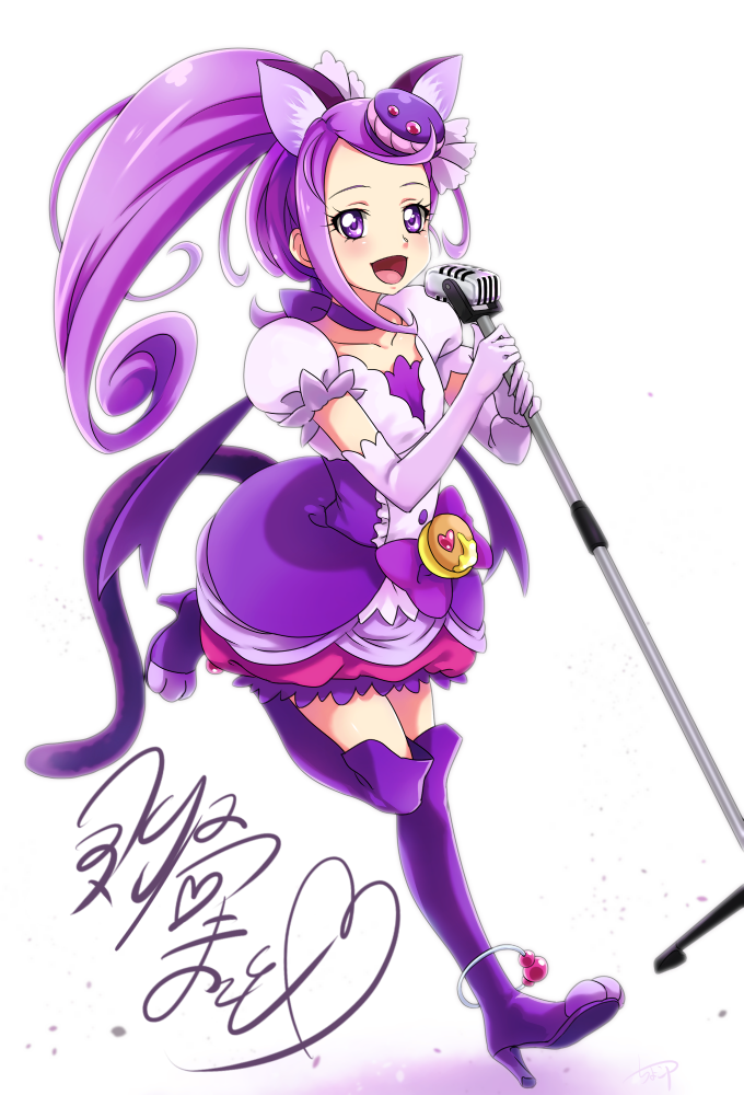 1girl :d animal_ears bangs boots bow cat_ears cat_tail chocokin choker collarbone cosplay cure_macaron cure_macaron_(cosplay) dokidoki!_precure elbow_gloves floating_hair full_body gloves high_heel_boots high_heels high_ponytail holding holding_microphone kenzaki_makoto kirakira_precure_a_la_mode layered_skirt leg_up long_hair microphone microphone_stand miniskirt open_mouth precure purple_bow purple_choker purple_footwear purple_hair purple_skirt shiny shiny_hair shirt short_sleeves simple_background skirt smile solo standing standing_on_one_leg swept_bangs tail thigh-highs thigh_boots very_long_hair violet_eyes white_background white_gloves white_shirt zettai_ryouiki