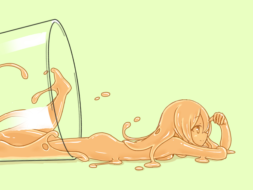 1girl barefoot closed_mouth from_side glass hand_up kixyuresu knee_up long_hair lying monster_girl nude on_stomach orange_eyes orange_hair orange_juice orange_sclera orange_skin original slime_girl smile solo spill spilling