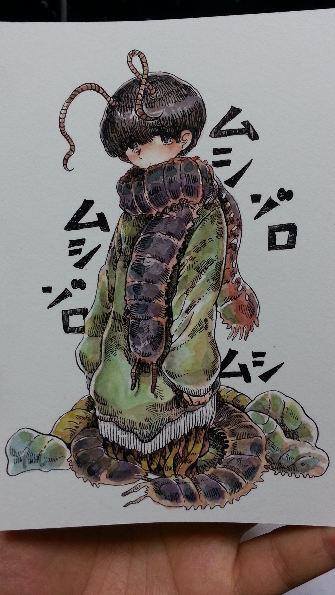 1other androgynous animal_request antennae brown_hair closed_mouth green_sweater highres long_sleeves looking_at_viewer original photo_(medium) shima_(wansyon144) solo sweater tentacles traditional_media
