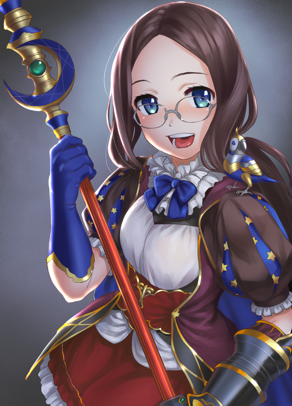 1girl animal animal_on_shoulder bangs bird bird_on_shoulder blue_eyes blue_gloves blue_neckwear blush bow bowtie brown_hair dress fate/grand_order fate_(series) forehead frilled_dress frills gauntlets glasses gloves grey_background highres holding holding_staff leonardo_da_vinci_(fate/grand_order) leonardo_da_vinci_(rider)_(fate) long_hair mu-pyon open_mouth parted_bangs puff_and_slash_sleeves puffy_sleeves short_sleeves simple_background single_gauntlet single_glove solo staff