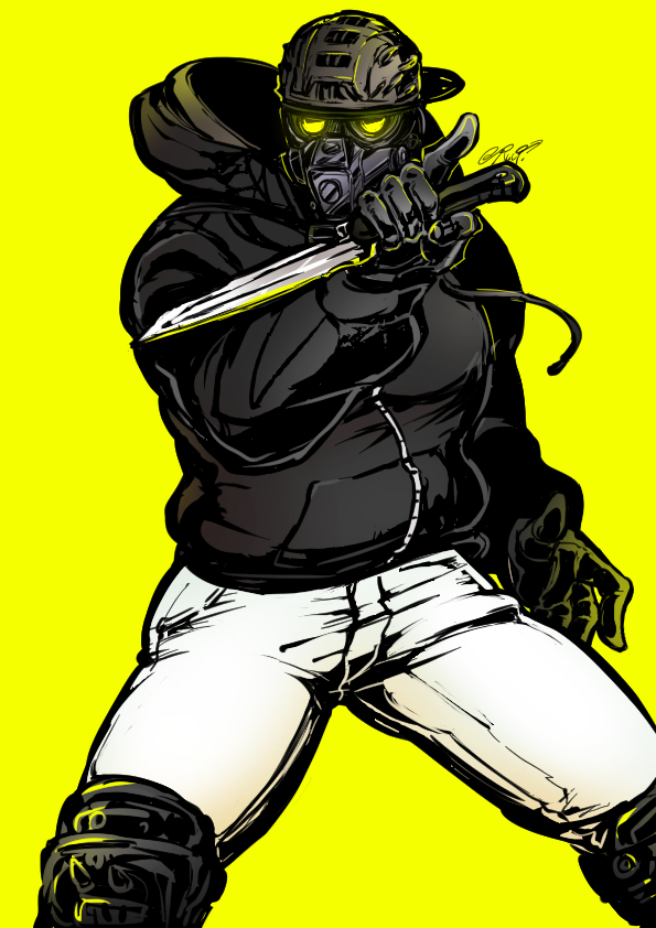 1boy aikawa_(dorohedoro) backwards_hat bara black_gloves black_hoodie chest climaxmukr dorohedoro feet_out_of_frame fighting_stance gloves glowing glowing_eyes hat male_focus mask muscle pants smile solo spread_legs thick_thighs thighs tight tight_pants white_pants yellow_background yellow_eyes