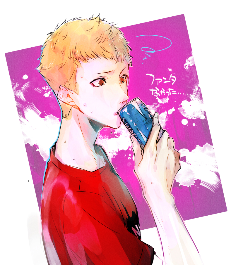 1boy blonde_hair can energy_drink holding holding_can male_focus painting_(object) persona persona_5 red_eyes red_shirt sakamoto_ryuuji shirt short_sleeves simple_background solo squiggle sweat two-tone_background upper_body yuu_(isis7796)