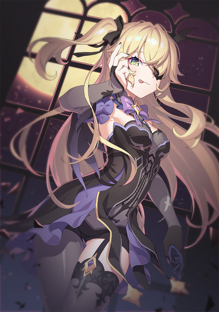 1girl :p bangs black_gloves black_legwear black_nails blonde_hair bow bowtie breasts eyepatch fischl_(genshin_impact) full_moon garter_straps genshin_impact gloves green_eyes hair_ribbon liem_(zero854) long_hair moon nail_polish night purple_neckwear ribbon single_glove single_leg_pantyhose single_thighhigh sky small_breasts solo thigh-highs tongue tongue_out two_side_up window