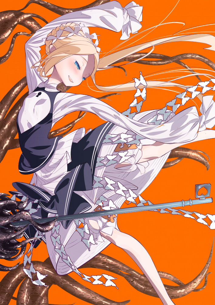 1girl abigail_williams_(fate/grand_order) arms_up black_skirt black_vest blonde_hair bloomers blue_eyes blush bow braid breasts cluseller commentary_request fate/grand_order fate_(series) forehead french_braid hair_bow half-closed_eyes happy heart key keyhole layered_skirt leg_up long_hair long_sleeves open_mouth orange_background orange_bow oversized_object shirt sidelocks skirt sleeves_past_fingers sleeves_past_wrists small_breasts smile solo spread_legs standing standing_on_one_leg teeth tentacles tied_hair underwear vest white_bloomers white_bow white_shirt