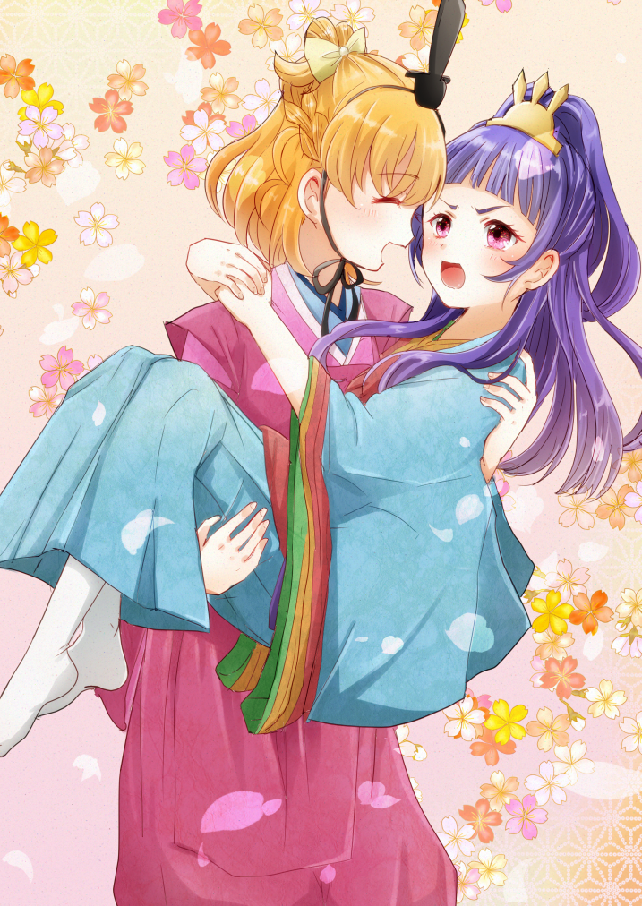 2girls :d arms_around_neck asahina_mirai black_ribbon blonde_hair blue_kimono blush bow carrying closed_eyes floating_hair hair_bow high_ponytail izayoi_liko japanese_clothes kimono kononkono long_hair long_sleeves looking_at_viewer mahou_girls_precure! multiple_girls open_mouth precure princess_carry purple_hair red_eyes red_kimono ribbon shiny shiny_hair short_hair smile standing tied_hair very_long_hair white_legwear yellow_bow