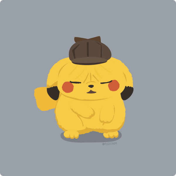 brown_headwear closed_eyes commentary deerstalker detective_pikachu detective_pikachu_(character) detective_pikachu_(movie) facing_viewer full_body gen_1_pokemon grey_background hat hatted_pokemon no_humans open_mouth pikachu pokemon pokemon_(creature) rizu_(rizunm) simple_background solo standing twitter_username wrinkled_frown_(detective_pikachu)