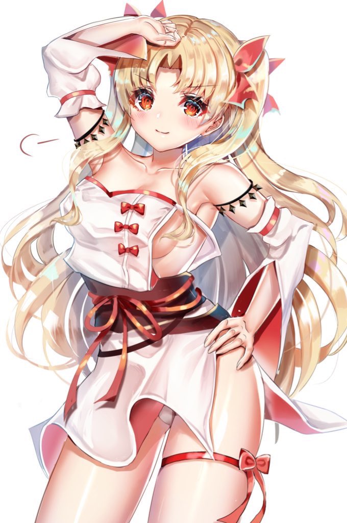 1girl blonde_hair breasts chiachun0621 collarbone commentary_request cosplay detached_sleeves ereshkigal_(fate/grand_order) fate/grand_order fate_(series) hair_ribbon hand_on_hip himiko_(fate) himiko_(fate)_(cosplay) japanese_clothes kimono long_hair medium_breasts red_eyes red_ribbon ribbon short_kimono sideboob simple_background solo thigh_ribbon two_side_up white_background white_kimono white_sleeves