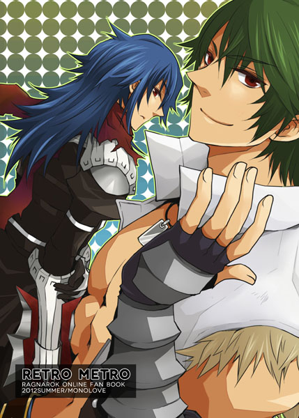 2boys armor assassin_cross_(ragnarok_online) bangs bare_chest black_cape black_gloves black_pants black_shirt blue_hair cape commentary_request cover cover_page dagger dated doujin_cover english_text eremes_guile eyebrows_visible_through_hair eyes_visible_through_hair fingerless_gloves fingernails gauntlets gloves green_hair hair_between_eyes hand_on_own_arm holding holding_jamadhar holding_weapon jamadhar jewelry long_hair looking_at_viewer looking_back multiple_boys muscle necklace pants pauldrons pendant ragnarok_online red_eyes red_scarf scarf shirt short_hair shoulder_armor sptbird standing torn_scarf upper_body vest waist_cape weapon white_vest