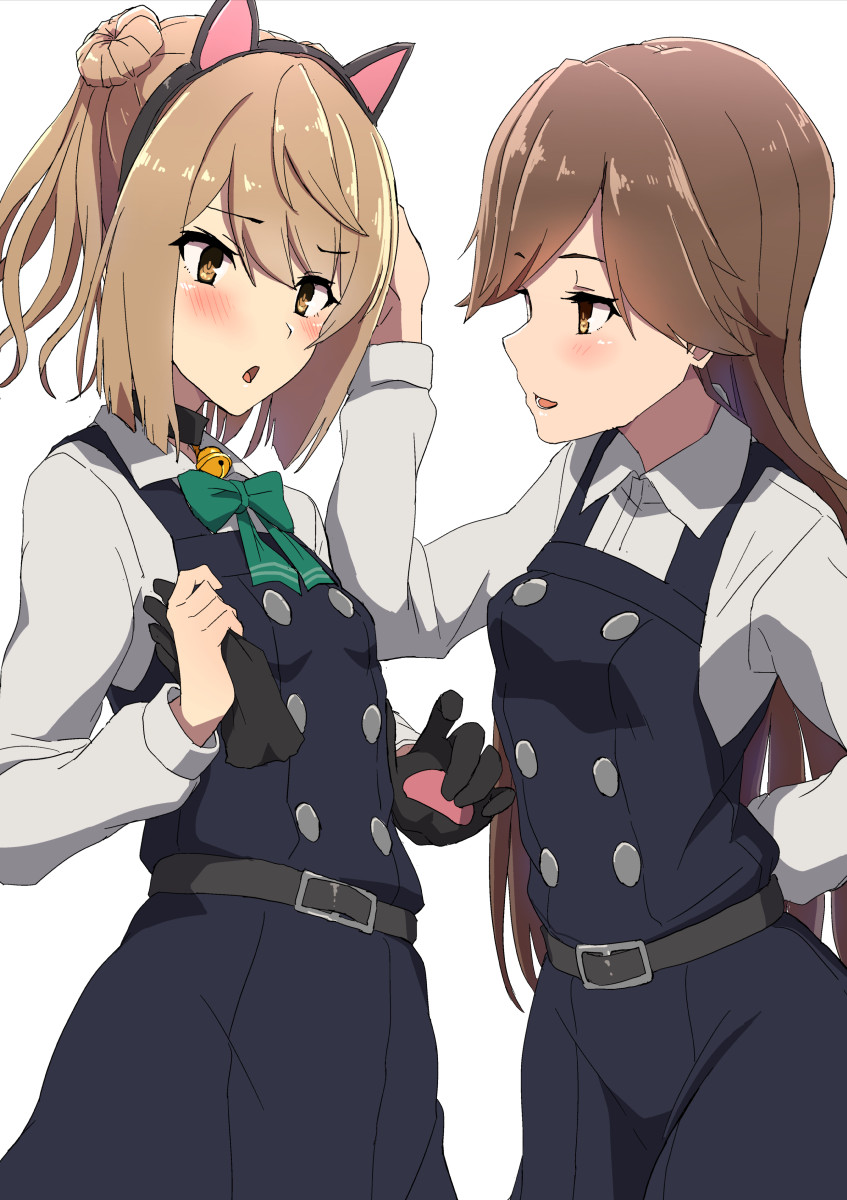 2girls animal_ears arashio_(kantai_collection) arms_behind_back bangs bell bell_choker black_dress black_gloves blush bow bowtie breasts brown_eyes brown_hair cat_ears choker comala_(komma_la) double_bun dress fake_animal_ears gloves green_neckwear highres kantai_collection light_brown_hair long_hair long_sleeves michishio_(kantai_collection) multiple_girls open_mouth paw_gloves paws pinafore_dress remodel_(kantai_collection) shirt simple_background small_breasts white_background white_shirt
