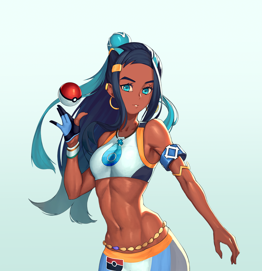 1girl aqua_background armlet black_hair blue_eyes blue_hair cowboy_shot dark_skin dmitriy_samarkin earrings gloves hair_ornament hairclip hoop_earrings jewelry long_hair looking_at_viewer multicolored_hair navel nessa_(pokemon) nintendo parted_lips poke_ball poke_ball_(basic) pokemon pokemon_(game) pokemon_swsh single_glove solo swimsuit tankini two-tone_hair