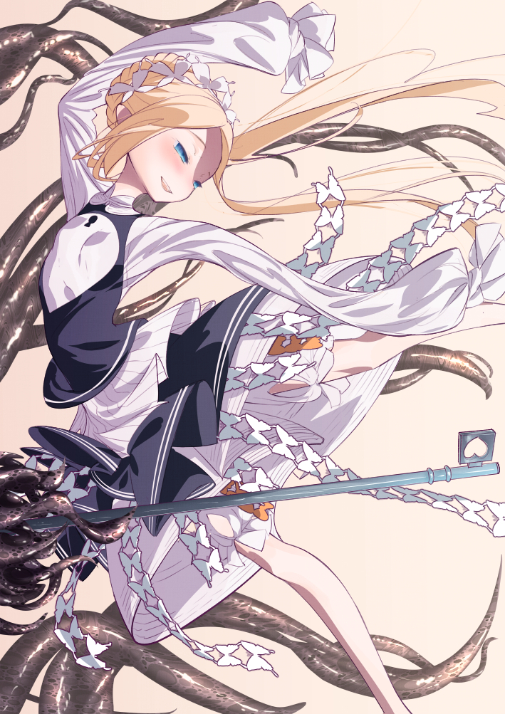 1girl abigail_williams_(fate/grand_order) arms_up beige_background black_skirt black_vest blonde_hair bloomers blue_eyes blush bow braid breasts cluseller commentary_request fate/grand_order fate_(series) forehead french_braid hair_bow half-closed_eyes happy heart key keyhole layered_skirt leg_up long_hair long_sleeves open_mouth orange_bow oversized_object shirt sidelocks skirt sleeves_past_fingers sleeves_past_wrists small_breasts smile solo spread_legs standing standing_on_one_leg teeth tentacles tied_hair underwear vest white_bloomers white_bow white_shirt