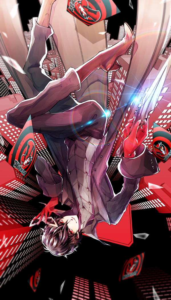 1boy amamiya_ren bangs black_hair black_jacket boots building calling_card city dagger falling gloves holding holding_dagger holding_mask holding_weapon jacket long_sleeves male_focus mask pants persona persona_5 red_eyes red_gloves smile solo sparkle weapon yuu_(isis7796)