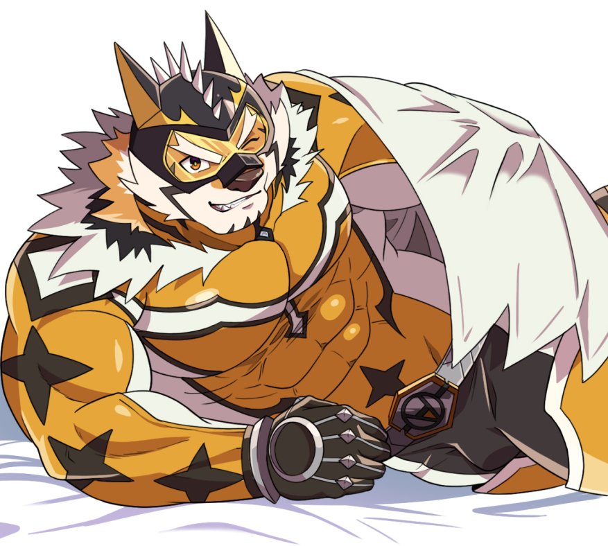 1boy animal_ears bara bed_sheet beige_fur bodysuit bulge cape chest come_hither covered_abs covered_navel facial_hair furry goatee grau39 live_a_hero male_focus medium_hair muscle one_eye_closed orange_bodysuit orange_eyes orange_fur ryekie_(live_a_hero) solo thick_thighs thighs tiger_boy tiger_ears two-tone_fur white_cape