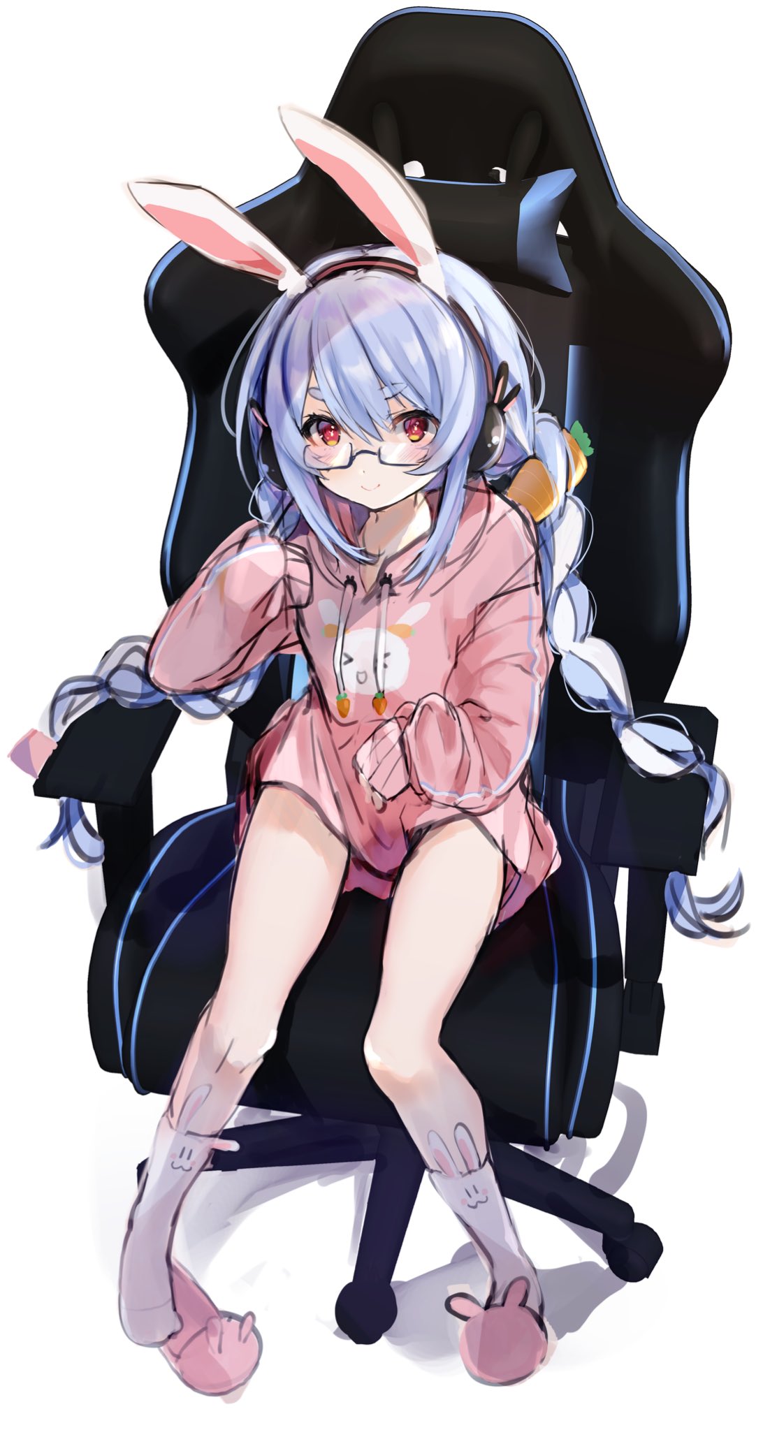 1girl alternate_costume animal_ears animal_print animal_slippers bangs blue_hair braid bunny_headphones bunny_print carrot carrot_hair_ornament chair closed_mouth eyebrows eyebrows_visible_through_hair fake_animal_ears food_themed_hair_ornament gamer_chair glasses hair_ornament headphones highres hololive hololive_fantasy hood hoodie long_hair multicolored_hair oimo_0imo pink_hoodie print_hoodie rabbit_ears red_eyes short_socks sidelocks simple_background sitting slippers smile socks solo twin_braids twintails usada_pekora very_long_hair virtual_youtuber white_background white_legwear