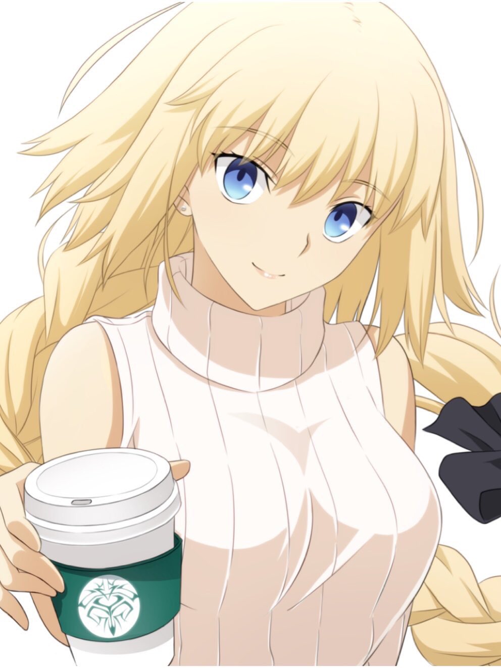 1girl black_ribbon blonde_hair blue_eyes braid breasts coffee_cup commentary_request cup disposable_cup eyebrows_visible_through_hair fate/grand_order fate_(series) fumika_asano head_tilt highres holding holding_cup jeanne_d'arc_(fate) jeanne_d'arc_(fate)_(all) large_breasts long_braid long_hair looking_at_viewer ribbed_sweater ribbon single_braid sleeveless_sweater smile solo sweater turtleneck turtleneck_sweater upper_body very_long_hair white_sweater