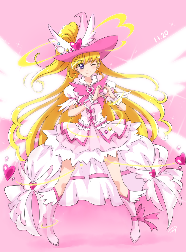 1girl ;) blonde_hair boots bow chocokin closed_mouth cure_miracle dated dress earrings eyebrows_visible_through_hair full_body hat hat_ornament heart heart_hands heart_hat_ornament jewelry knee_boots layered_dress long_hair looking_at_viewer mahou_girls_precure! one_eye_closed pink_background pink_bow pink_footwear pink_headwear precure short_dress side_ponytail smile solo sparkle standing star_(symbol) star_hat_ornament very_long_hair violet_eyes white_dress witch_hat